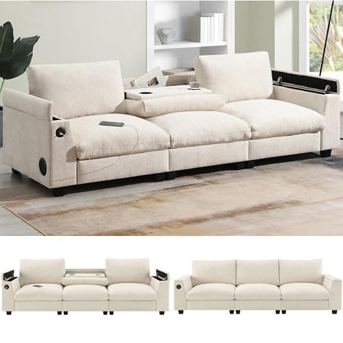 Merax 96" Chenille Sofa Recliner with Cup Holders, USB Charger & Bluetooth Speaker, 3 Seat Convertible to Loveseat Cloud Couches, Theater Double Seating W/Drop Down Table & Storage Armrest, Beige