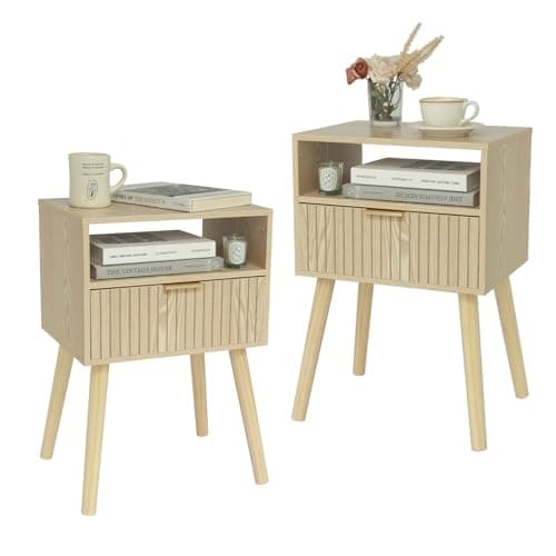 MaxSmeo Nightstand Set of 2, Bedside Table with Drawer, Wood End Table for Bedroom and Small Spaces, Solid Wood Legs, Easy Assembly, Natural