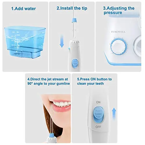 TUREWELL Water Flossing Oral Irrigator, 600ML Dental Cleaner 10 Adjustable Pressure, Electric Oral Flosser for Teeth/Braces, 8 Replacement Jet Tips for Family (White) 6