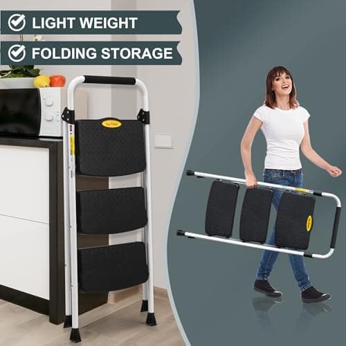 SocTone 3 Step Ladder, Folding Step Stool for Adults with Handle, Lightweight, Perfect for Kitchen& Household, 500lbs Capacity Sturdy Steel Ladder White 5