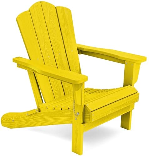 KINGYES Folding Adirondack Chair, HDPE All-Weather Patio Chairs, Wooden Textured Lawn Chair for Poolside, Backyard, Deck, Fire Pit, Yellow