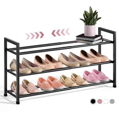 Bumusty 3-Tier Expandable Shoe Rack for Closet, 18“-33” Adjustable Shoe Rack for Small Space, Small Shoe Organizer for Front Door, Sturdy Metal, Black 7