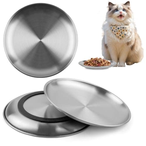 Mkobon 3 PCS Stainless Steel Cat Food Bowl Dish, 6.7" Shallow Flat Wide Cat Plates for Wet Food, Relief Whisker Fatigue, Removable Non-Slip Silicone Base, Replacement for Feeding Small Pet Kitten