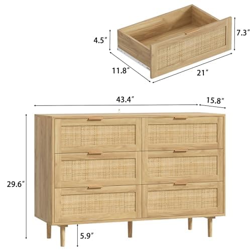 Furniouse Rattan Dresser for Bedroom, 6 Drawers Wood Small Dresser for Closet with Solid Legs and Natural Rattan, Boho Beside Table for Living Room, Natural 2