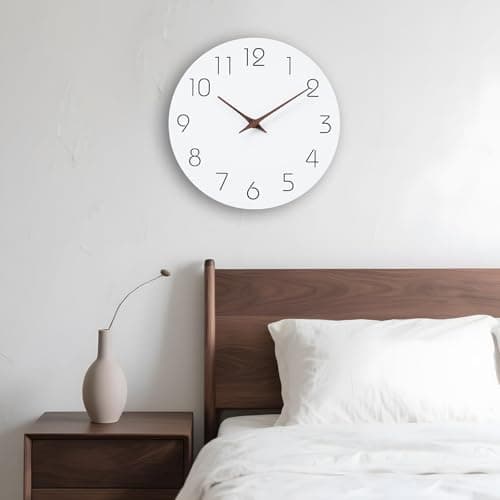 Mosewa Wall Clock Battery Operated 8 Inch White Silent Non Ticking Simple Minimalist Wooden Decorative for Kitchen Bathroom Bedroom Living Room Office 9