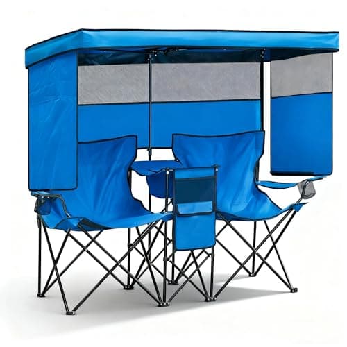 WTVIDAS Double Beach Chair with Canopy Shade Heavy Duty Camping Chairs with Cooler Bag Folding Loveseat for Outdoor Lawn