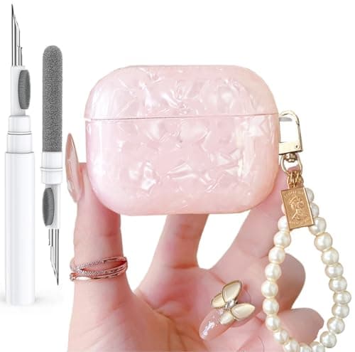 Olytop for Cute Glitter Airpods Pro 2nd/1st Generation Case with Cleaner Pen, Shell Pattern Airpods iPod Pro 2 Gen Cover Protective Skin Girl Women with Luxury Pearl Keychain 2023/2022/2019 - Pink