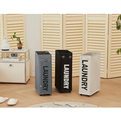 DOKEHOM 25-Inches Slim Laundry Basket on Wheels, Collapsible Rolling Laundry Hamper, Foldable Narrow Corner Clothes Storage Bins (Dark Grey) 9