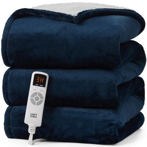 EHEYCIGA Heated Blanket Electric Blanket Throw - Heating Blanket with 5 Heating Levels & 4 Hours Auto Off, Soft Cozy Sherpa Washable Blanket with Fast Heating, 50 x 60 Inches, Navy Blue