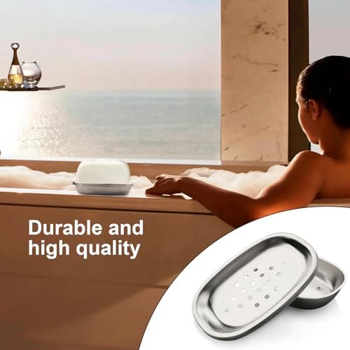 Stainless Steel Soap Dish with Double Layer Draining for Bathroom, Chrome Brushed Nickel Soap Box with Drainage, Shower Countertop Tray (Dots) 6