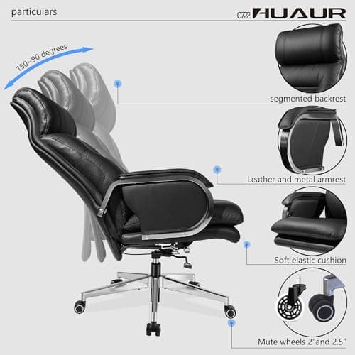 HUAUR Genuine Leather Modern Executive Chair High-Back Support 90 to 150 Degrees Tilt and Upholstered Home Desk Chair with Base 360LB Capacity Swivel Computer Office Chair (Black) 5