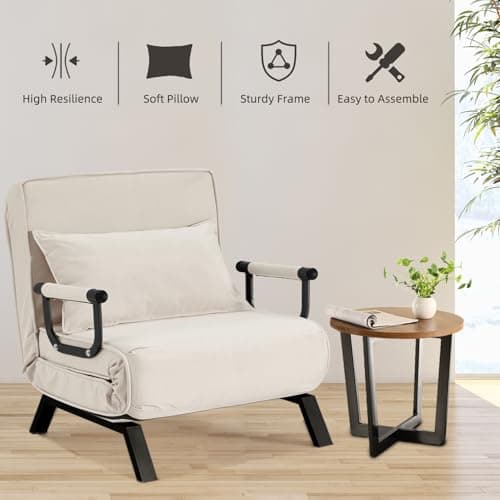 Hupmad Convertible Bed Sleeper Chair,Tri-fold Upholstered Armchair Sleeper with Pillow,Folding Leisure Chaise Lounge Couch,6 Angle Adjustable Backrest Single Lazy Bed for Office (Beige, Regular) 5