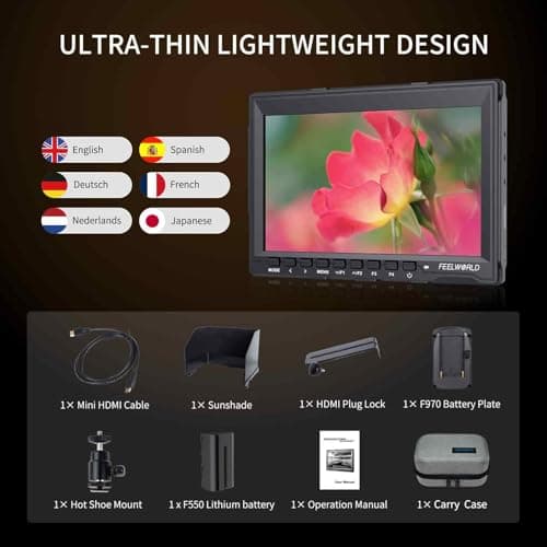 FEELWORLD FW759 7 Inch DSLR Camera Field Monitor with F550 2200mAh Battery and Bag HD Video Assist Slim IPS 1280x800 4K HDMI 1080p 7