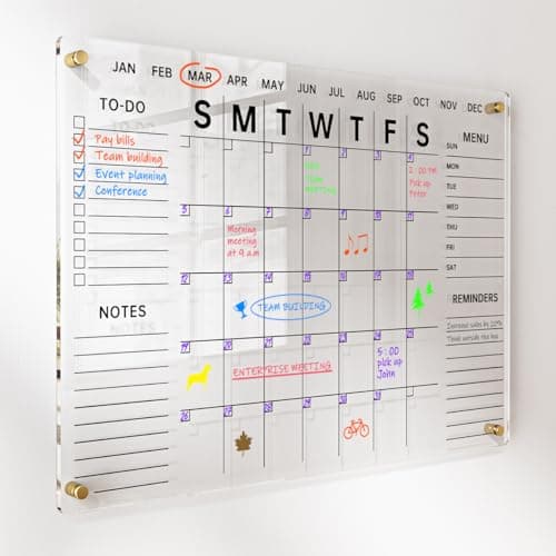 Acrylic Wall Calendar with Dry Erase Surface | 28x20 Clear Monthly Planning Board | Includes 8 Color Markers, Eraser, Multi-Color Standoff Screws, and Installation Kit | Perfect for Home & Office