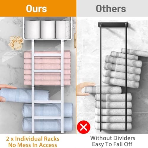 Towel Racks for Bathroom Wall Mounted, 4 tire Bath Towel Storage - with 2 Pack Towel Shelf and Floating Shelves Over Toilet, Rolled Towel Holder Shelf Organizer, Sturdy Metal & Wood, 34inch, White 6