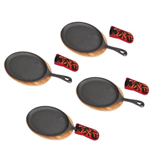 DUIBAOCHUN 4 PCS Fajita Skillet,Sizzler Plates With Wooden Base And Handle Cover,Steak Plates,Cast Iron Skillet Set,Cast Iron Plates for Home Party Eating