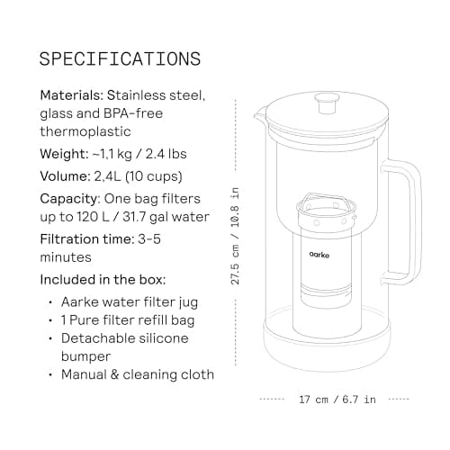 Aarke Purifier - Premium Glass and Stainless Steel Water Filter Pitcher, Refillable Filter System and Granules, 2.4L Pitcher with 1.18L Filtration Capacity 8