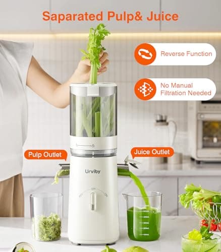 Juicer Machines, 2-in-1 Cold Press Juicer for Juice & Sorbet, suit for Vegetable and Fruit with 5-Inch Wide Chute, Powerful Masticating//High-Yield High Nutrients/Rev Mode/Easier Clean (Off-white) 7