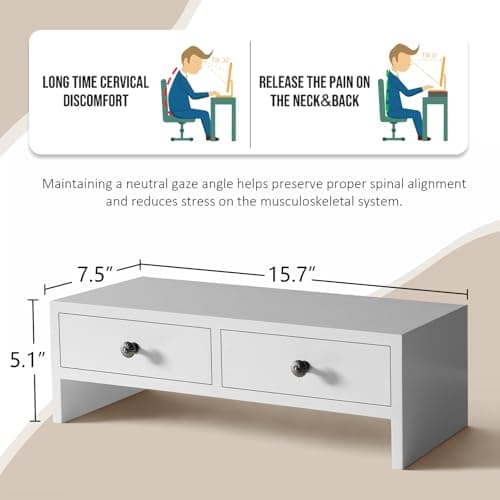 WELLAND Monitor Stand Riser with Drawers, Computer Monitor Stand, Desktop Organizer Stand for Laptop, PC, Office Supplies, White 5