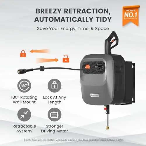 Giraffe Tools Grandfalls Retractable Pressure Washer G20B, 2500 PSI 2.2 GPM, Wall Mounted Power Washer with 65FT Hose Reel, Black Pressure Hoses, 4 Nozzles for Floor/Cars/Fences/Patios, Dark Silver 5