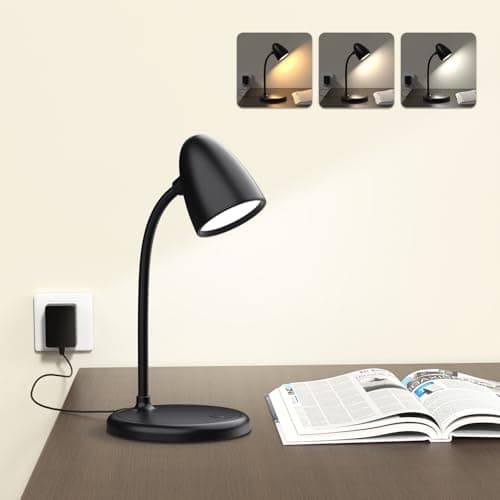 RORENSE LED Desk Lamp for Home Office,3 Light Colors,Table Lamp,Dimmable Reading Light for Bedside Small Desk Lamp for College Dorm Room,Bedroom Desk Light,Black