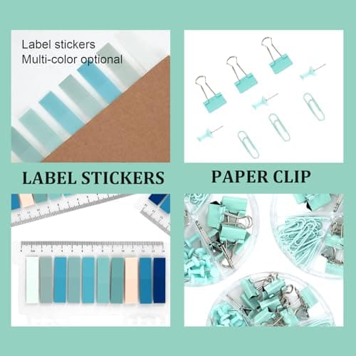 EOOUT 9pcs Teal Office Supplies Set, Teal Desk Accessories, Stapler and Tape Dispenser Set for Women with Staple Remover, Staples, Clips, Scissor and Tabs for Students, Office Clerks 5