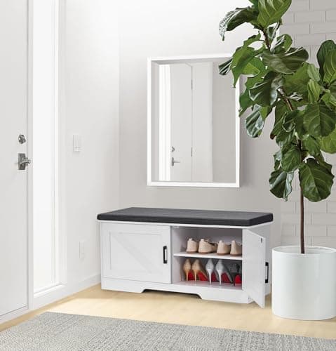 HOMSHO 2-Tier Storage Bench, 39.4" Wide Shoe Bench with Padded Seat Cushion, Entryway Bench with 2 Barn Doors and Adjustable Shelf, White 7