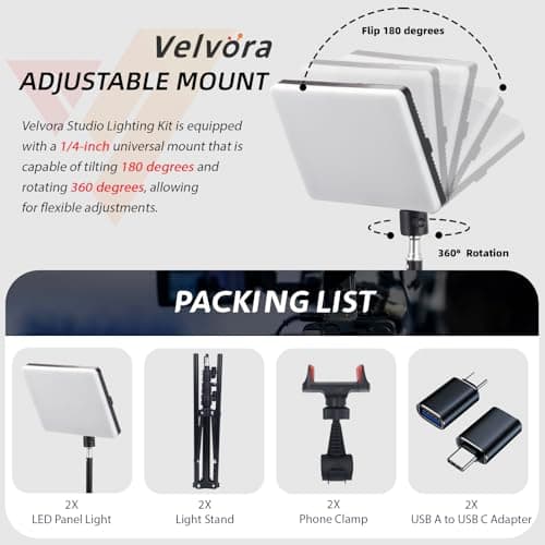 Velvora LED Video Light Kit, 2-Pack Studio Lights for Video Recording with 60" Extendable Tripod Stand & Phone Holder, 2700K-7500K Bi-Color Dimmable Photography Lighting for YouTube, TikTok, Zoom 9