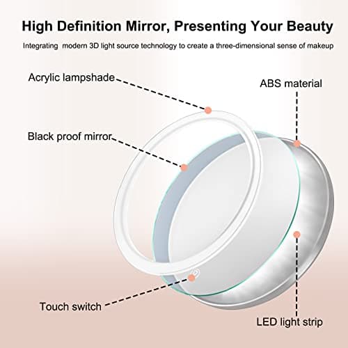 AIKELIN 8" Makeup Mirror with Lights,10X Magnifying Vanity Mirror with 3 Color LED Lights,4000mAH Adjustable Height Tabletop Cosmetic Mirror with Rechargeable Double Sided Lighted Mirror,Chrome 6