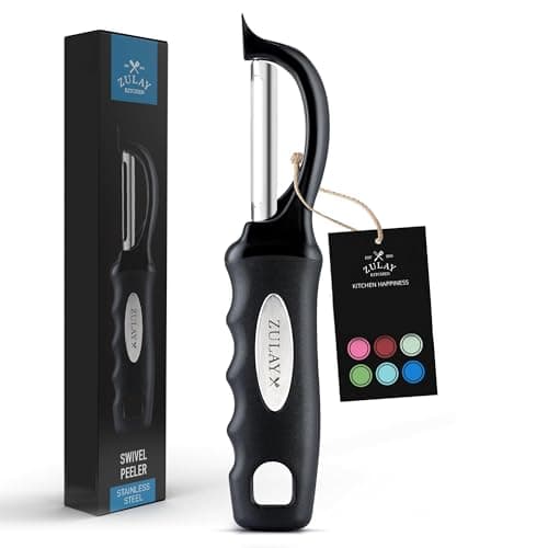 Zulay Kitchen Premium Vegetable Peeler for Kitchen - Swivel Peeler with Razor Sharp Stainless Steel Blades & Strong Ergonomic Handle - Dishwasher Safe, Easy To Use with Blemish Remover - Black