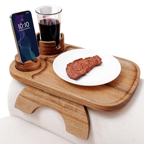 UrbanRoost Acacia Wood Couch Arm Tray,3 in 1 Large Clip on Couch Arm Table with 360° Rotated Phone Holder and Cup Holder, 15.35"x9.85" 9