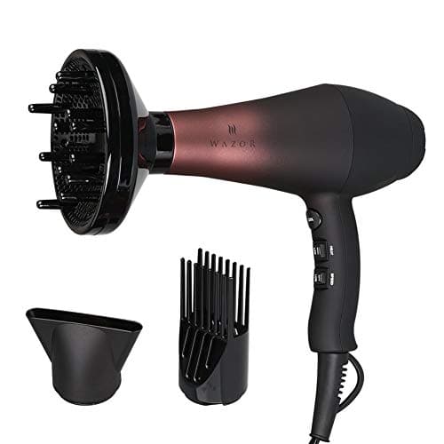 Wazor Professional Ionic Hair Dryer with Diffuser, Infrared Salon Grade Blow Dryer with Comb Attachment, 1875W Powerful Quiet Hair Blow Dryer, Tourmaline Ceramic Hairdryer with Nozzle, Black