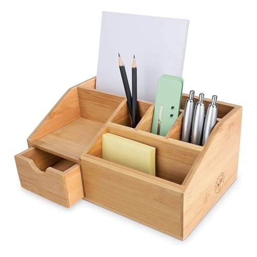 FLYGRUBS Thingles Bamboo Desk Organizer, Wood Pen Holder with Drawer, Storage Box, Pencil Box, Desk Tray for Office, Home Office - Wood Desk Organizer