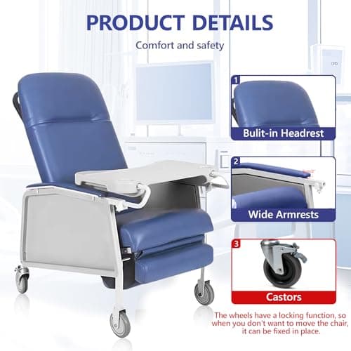 Helsevesen Medical Recliner, Traditional 3 Position Recliner for Elderly, Reclining Geri Chair with Wheels, Tray, and Elevating Legrests for Seniors, Blue Ridge 5