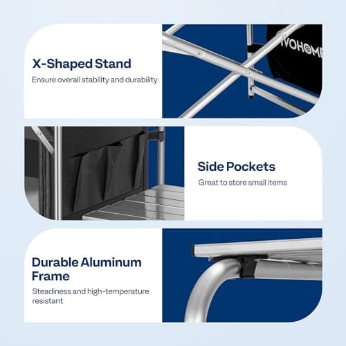 VIVOHOME Folding Camping Kitchen Station Table with Storage Organizer, 2 Side Tables, Stainless Steel Windscreen, Outdoor Portable Cook Station for BBQ, Picnics 7