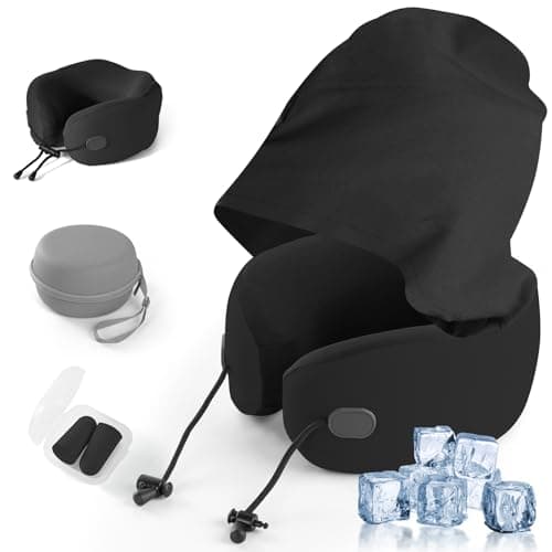 Neck Pillow for Travel, Premium Carbon-Infused Memory Foam, Cooling Fabric Pillow for Airplane, 360° Neck Support for Long Flights, Hooded Travel Pillowl for Planes, Cars and Office, Hooded, Black