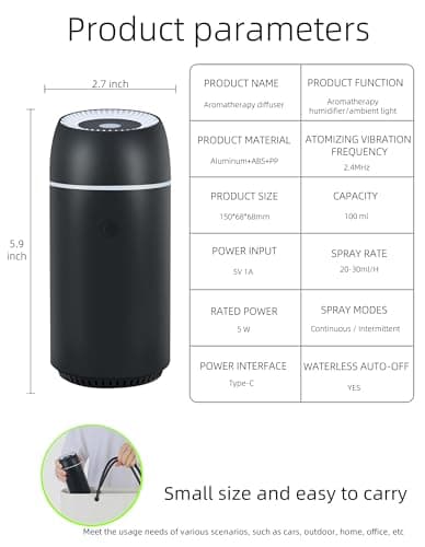 Car Diffuser for Essential Oils Portable Mini Ultrasonic Mist Humidifier 100ml USB Aromatherapy Diffuser Freshener with Colorful Lights for Small Space Home Office Bedroom (Black) 6