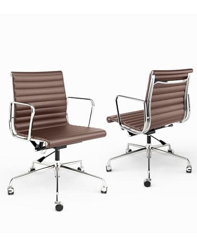 OTDMEL Ribbed Office Chair with Top Grain Leather - Mid Back Ergonomic Desk Chair with Aluminum Arm Rest and 5-Star Base, Swivel Chair Brown