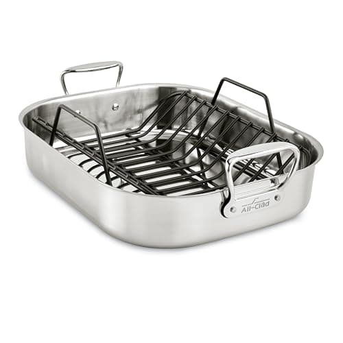 All-Clad Specialty Stainless Steel Roaster and Nonstick Rack 16x13x5 Inch Oven Broiler Safe 600F Roaster Pan, Pots and Pans, Bakeware, Turkey, Silver