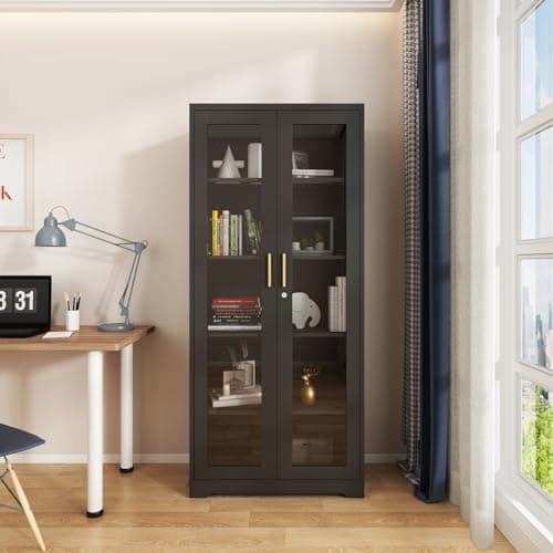 Glass Display Cabinet, 71" Tall Metal Curio Cabinet with Glass Doors, Black Display Case, Storage Cabinets with 4 Adjustable Shelves, Locking Storage Cases for Hallway, Kitchen, Living Room 8