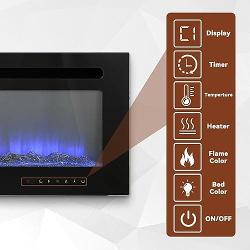 50 Inch Electric Fireplace Wall Mounted and Recessed LED Fireplace with Remote Control 8h Timer, 12 Flames,Touch Screen, in-Wall Fireplace Heater with Log & Crystal Hearth for Living Room 8