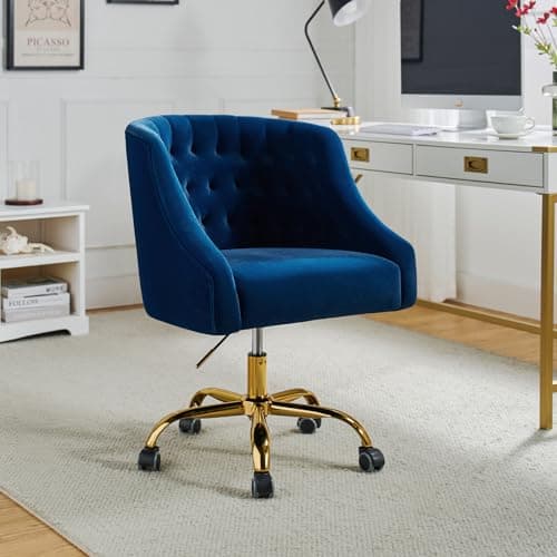 TINA'S HOME Velvet Home Office Chair with Gold Base, Comfortable Modern Cute Desk Chair, Adjustable Swivel Task Chair for Living Room Bedroom Vanity Study, Navy