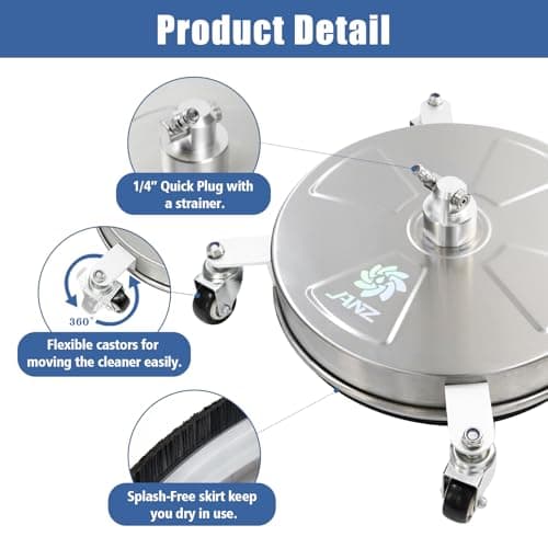 JANZ 16" Pressure Washer Surface Cleaner with 4 Wheels, Stainless Steel Housing, 1/4" Quick Plug, 2 Extension Wand Attachments, 2 Replacement Nozzles and 3 Spray Nozzles, 4000 PSI 3