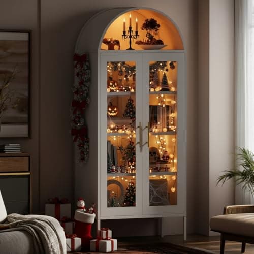 YITAHOME 71" Arched Glass Display Cabinet, Tall Metal Storage Cabinet with Adjustable Shelves and Glass Doors, White