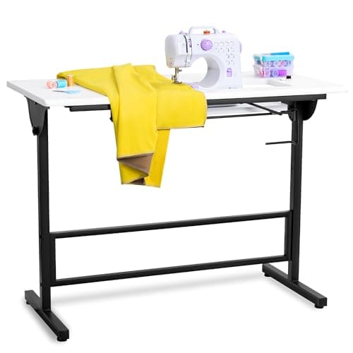 Vividwood Folding Sewing Table, Multipurpose Sewing Machine Table with Adjustable Shelf, Measuring Scale Marks (Warm White)
