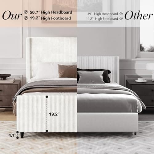 Nonlita Queen Size Corduroy Upholstered Platform Bed Frame with Tufted Headboard and Footboard, No Box Spring Required, Easy to Assemble (Cream, Queen) 7