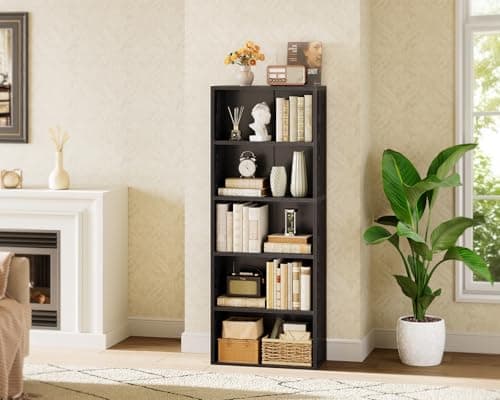 Casaottima 5-Tier Open Bookshelf and Bookcase, Floor Standing Display Storage Shelves for Living Room, Tall Book Shelf for Bedroom, Home Office, Dining Room, Black 5