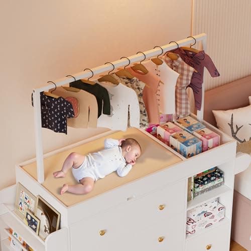 CASANOOKK Modern Changing Table Dresser,Baby Dressing Table with 4 Drawers and Storage Shelves,Multi-Functional Baby Changing Table with Drying Rack for Nursery, White 6