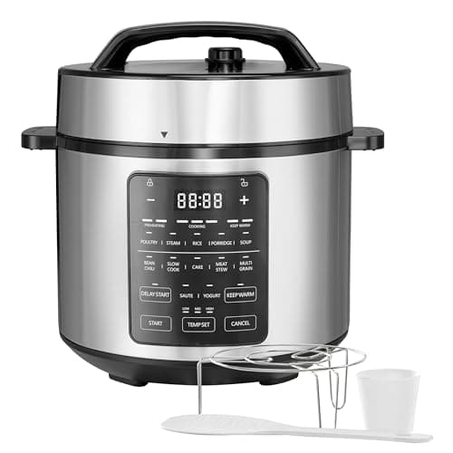 Simple Deluxe Electric Pressure Cooker, Non-Stick 12-in-1 & 6QT Stainless Steel Multi Cooker for Slow Cook, Meat Stew, Cake, Porridge, Multigrain, Dishwasher Safe, Silver