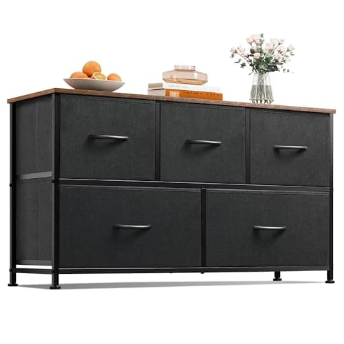 WLIVE Dresser for Bedroom with 5 Drawers, Wide Chest of Drawers, Fabric Dresser, Storage Organizer Unit with Fabric Bins for Closet, Living Room, Hallway, Black and Rustic Brown